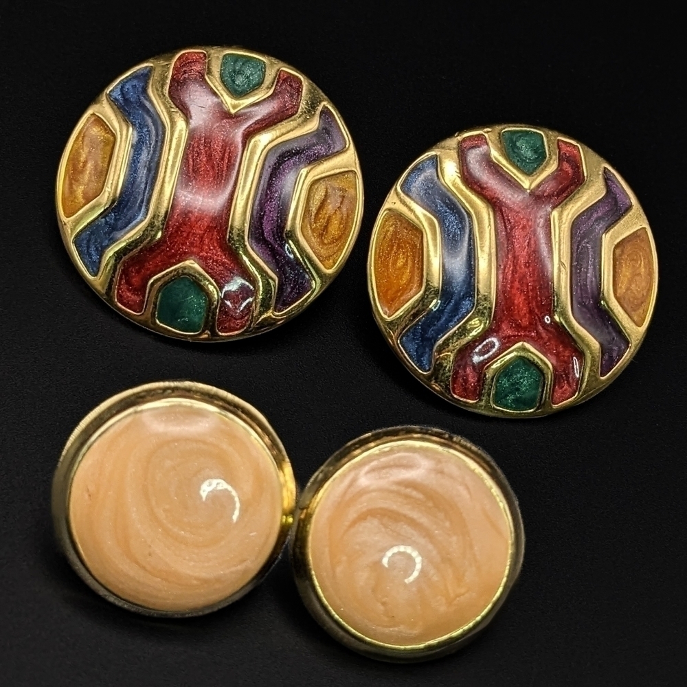 Vintage Lot of 2 Pairs of Goldtoned Enamel Earrings